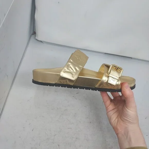 Louis Vuitton Gold Buckle Bom Dia Monogram Flat Slide Sandal - Picture 7 of 14